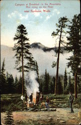 Campers at Breakfast in the Mountains - Mist rising on the River Spokane, WA Postcard Postcard