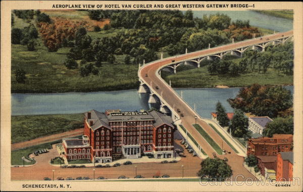 Aeroplane View of Hotel Van Curler & Great Western Gateway Bridge Schenectady New York