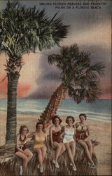 Smiling Peaches and Palmetto Palms on Beach Florida Swimsuits & Pinup Postcard Postcard