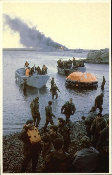 Survivors Come Ashore at Bluff Cove as 'Sir Galahad' Burns