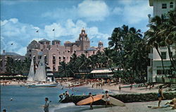 Waikiki Beach and Royal Hawaiian and Moana Hotels Postcard