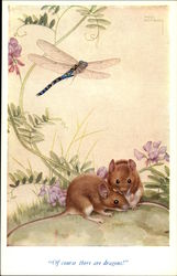 Two Mice and a Dragonfly in Watercolor Drawing Postcard