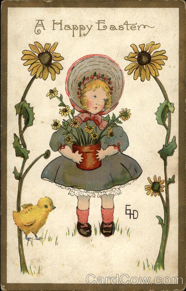 A Happy Easter, With Little Girl Holding Flowerpot
