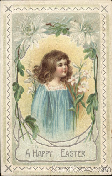 A Happy Easter, With Child in Blue Gown and White Flowers