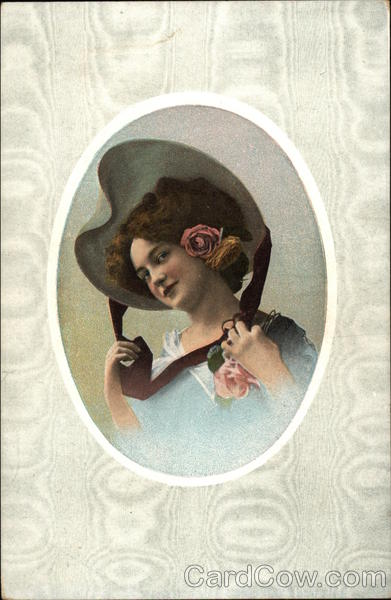 Woman Wearing Hat and Blue Dress with Roses Women