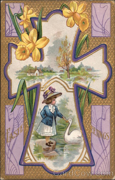 Cross Design With Little Girl and Swan, Plus Daffodils