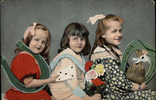 Three Girls With Good Luck Horseshoes and Flowers Children
