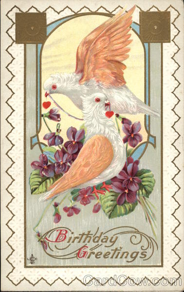 Birthday Greetings with Doves and Violets