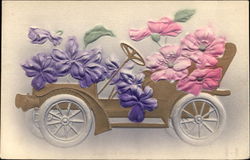 Gold Automobile Filled With Blue and Pink Flowers Postcard Postcard