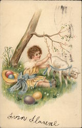 Girl in Yellow Dress With Blue Bow with Easter Eggs and Lamb Postcard
