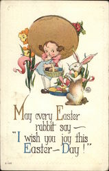 Little Girl and Rabbit Gather Easter Eggs Postcard