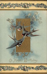 A Happy Birthday, With Birds and Flowers Postcard
