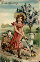Girl With Lamb, Rooster, Chicks, and Cart of Eggs Postcard