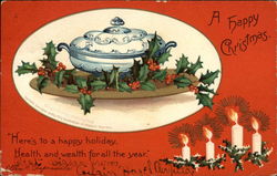 A Happy Christmas, with Holly, Candles, And Serving Dish Postcard Postcard