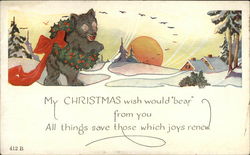Bear With Christmas Wreath in Snowy Landscape Postcard