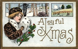 Woman With Muff and Holly, Plus Landscape Scenes Postcard