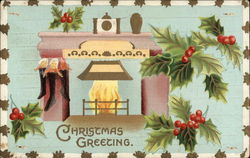 Christmas Greeting, With Stockings Pinned to Fireplace Postcard