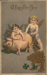 Two Cherubs and Pig, Plus Pile of Gold Coins Postcard