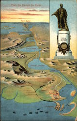 Plan of the Suez Canal and Statue of Ferdinand De Lesseps Postcard