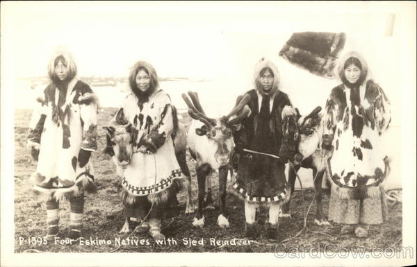 Four Eskimo Natives with Sled Reindeer