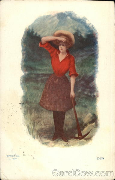Mountain Scene With Lady Holding a Pickaxe Cowboy Western