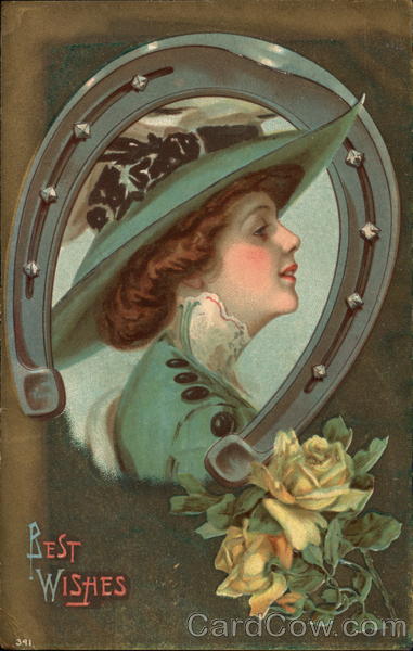 Best Wishes - Horseshoe with Woman in Green Greetings