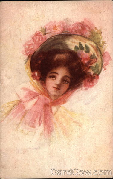 Pretty Woman Wears a Hat With Many Roses Women