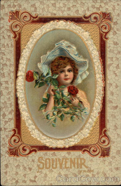 Girl in Blue Hat with Red Roses Girls