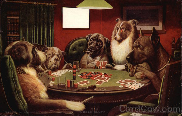 Five Dogs at Table Playing Poker