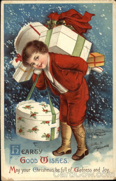Hearty Good Wishes - Boy Carrying Gifts Ellen Clapsaddle