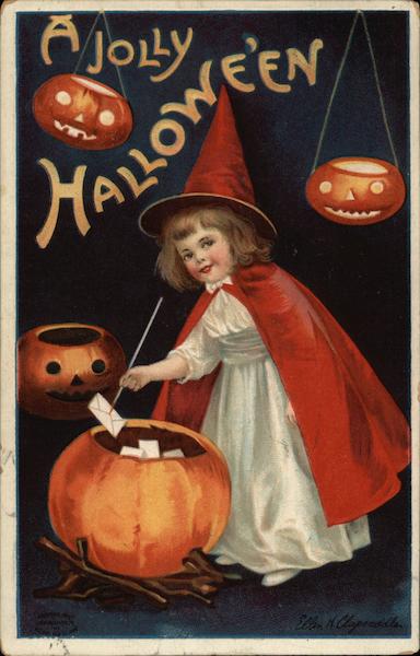 Girl in Witches Costume with Pumpkins Ellen Clapsaddle