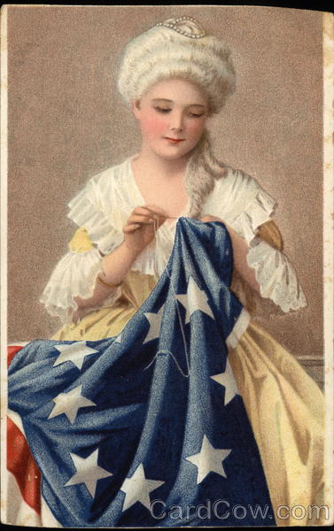 Woman in Yellow Dress and Powdered Wig Sewing the American Flag