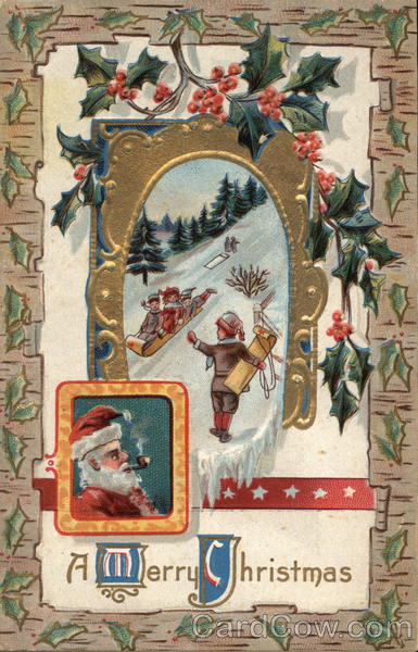 Children Tobogganing and Santa