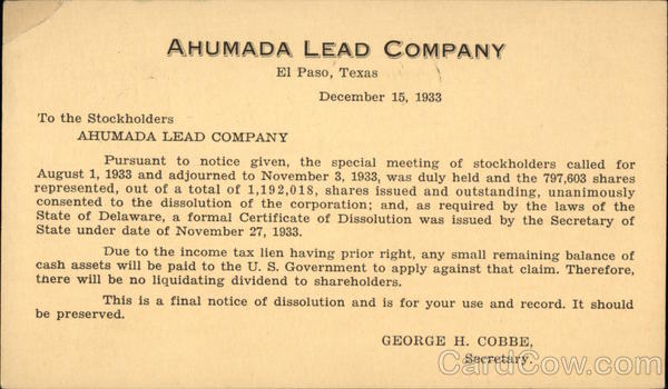 Ahumada Lead Company Stockholder Meeting 1933 El Paso Texas