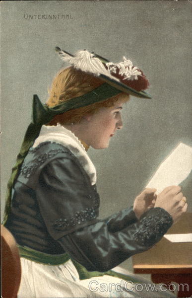 German Woman Reading Letter at Table Women