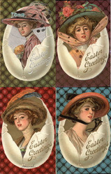 Lot of 4: Women in Easter Eggs Greetings Postcard