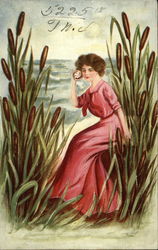 Woman in Pink Dress Listening to Seashell Postcard