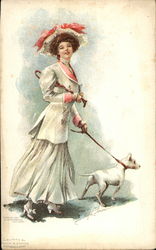 Woman Dressed All in White Walks a White Dog Postcard