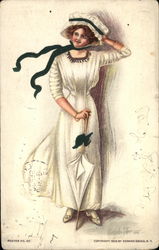 Woman in White Dress and Hat Postcard