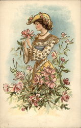 Woman surrounded by pink flowers Postcard
