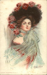 Sketch of Woman in Hat With Roses Postcard