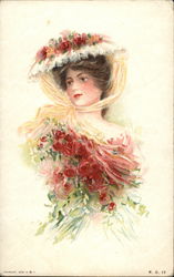 Woman in Pink Flower-Trimmed Hat Holding Bouquet of Roses Postcard