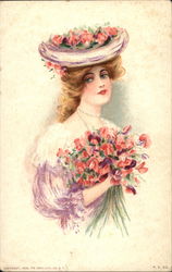 Girl in Pink Dress Holding Bouquet of Pink Flowers Postcard