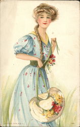 Young Woman in Blue Dress Holding Flowered Hat Postcard