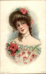 Young Woman in Pink and Green Postcard