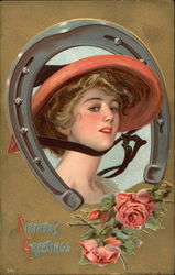 Woman in Hat Surrounded by Horshoe Postcard