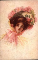 Pretty Woman Wears a Hat With Many Roses Postcard