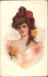 Woman in Pink Dress with Roses Postcard