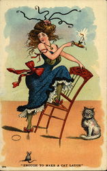 Woman Is Frightened by Mouse and Cat Laughs Postcard