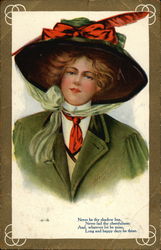 Woman in Green Outfit with Red Trim Postcard